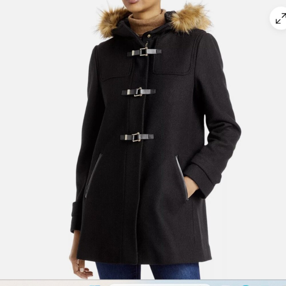 Cole Haan Womens Coat Black 14 Signature Toggle Hooded Wool Duffle Faux Fur Hood